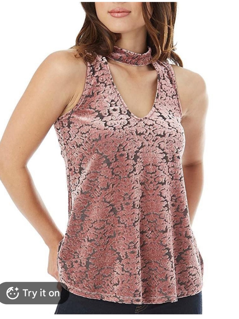 Sleeveless Velvet Mock Neck V-Neck Tank Top - Dusty Rose